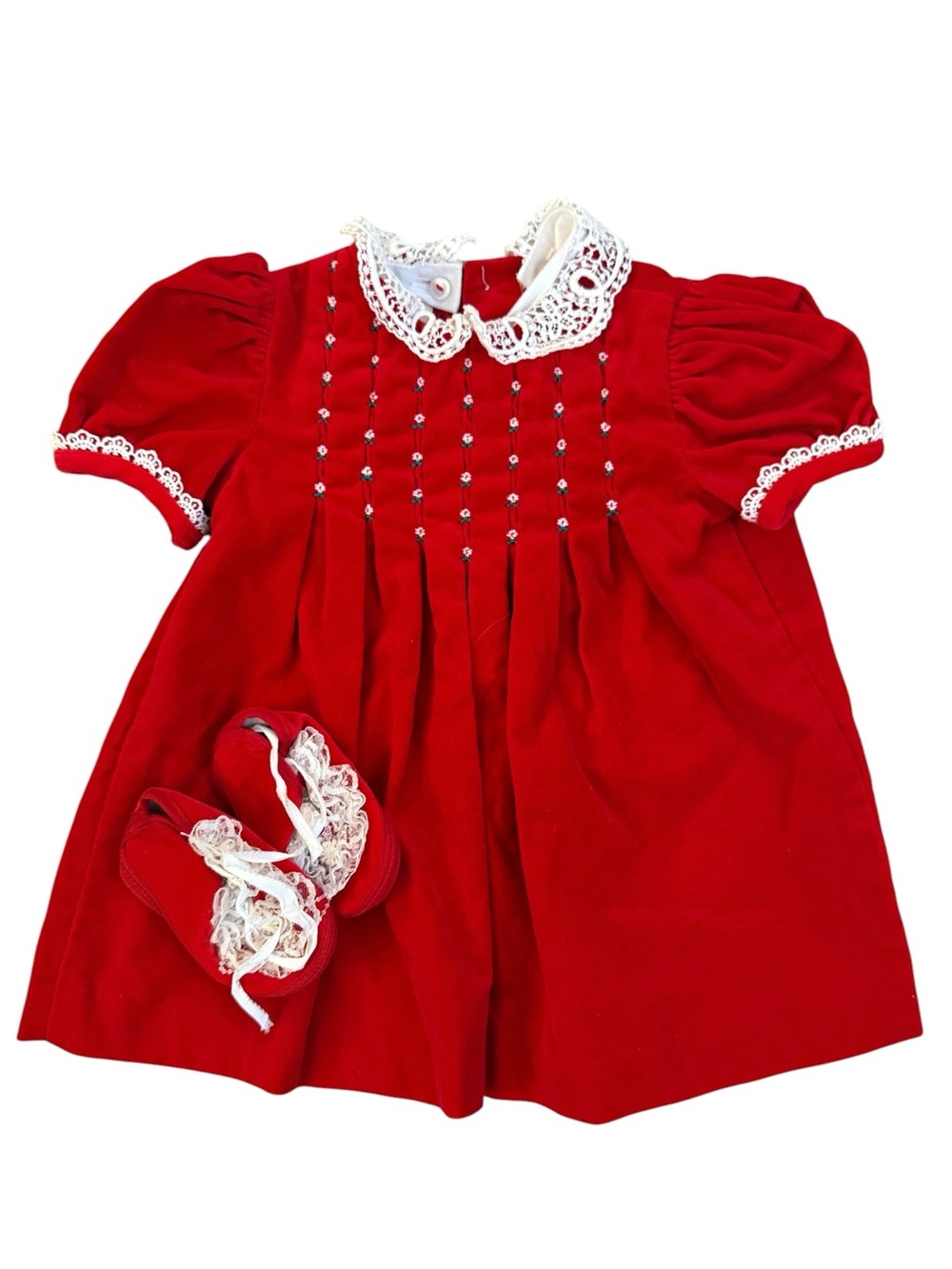 VTG Polly Flinders Red Velvet Smocked Holiday Dress 3M Booties Detachable Lace